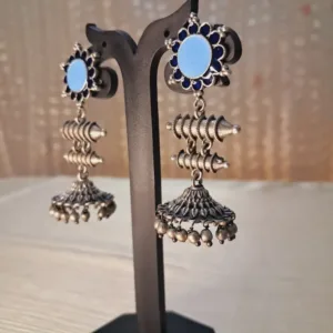 Jhumkas with Green Turquoise & Navy Blue Mina Work