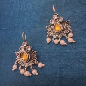 Oxidized Earrings with Yellow American Diamond & Hanging Pearls