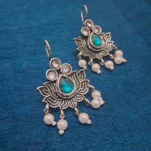 Elegant Oxidized Earrings with Turquoise, American Diamonds, Kundan, and Hanging Pearls