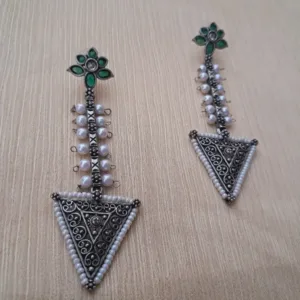 German Silver Antique Earrings with Green Beads & Pearl – Lightweight & Elegant