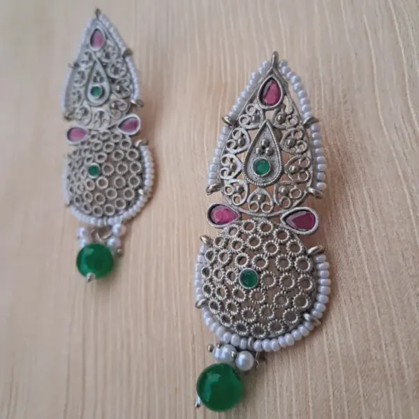 Antique German Silver Earrings with Pink & Green Monalisa Stones,