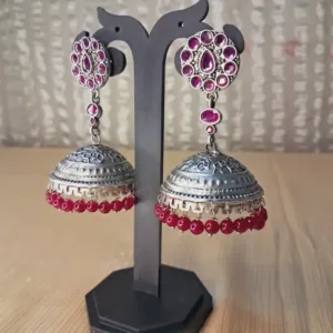 Elegant German Silver Jhumka with Pink Monalisa Stone & Beads