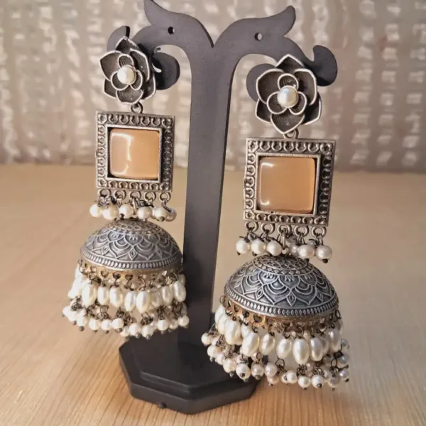 German Silver Jhumka with Orange Monalisa Stone & White Pearl Drops