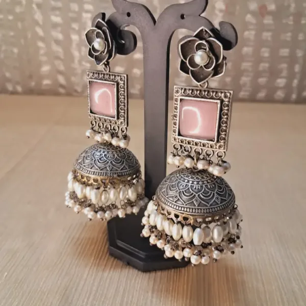 German Silver Jhumka with Orange Monalisa Stone & White Pearl Drops