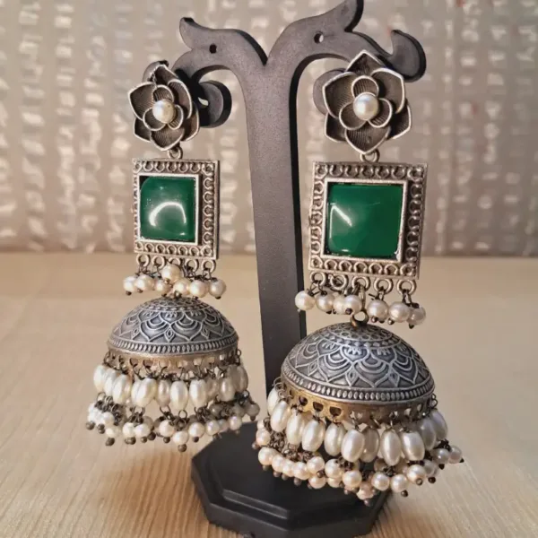 German Silver Jhumka with Orange Monalisa Stone & White Pearl Drops