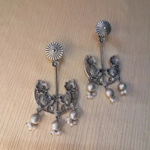 Antique German Silver Peacock Earrings with Hanging Beads