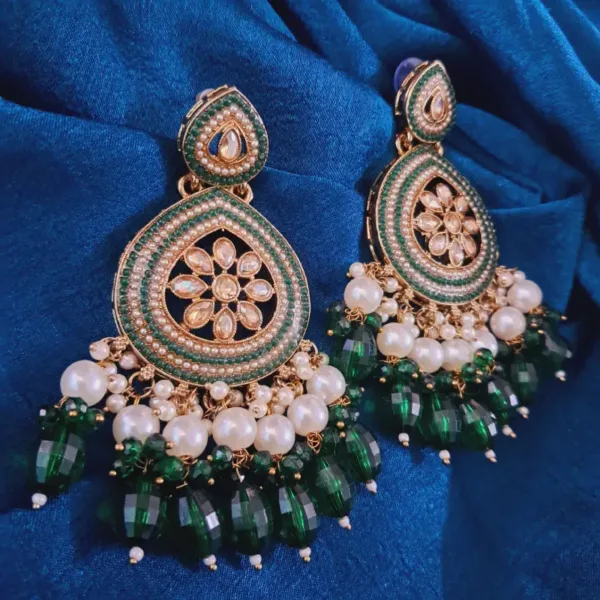Pakistani Chandbali Earrings with White & Green Beads – Handcrafted Wedding & Party Wear