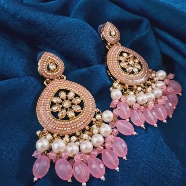 Pakistani Chandbali Earrings – Pink & White Beads, Handcrafted Party Wear