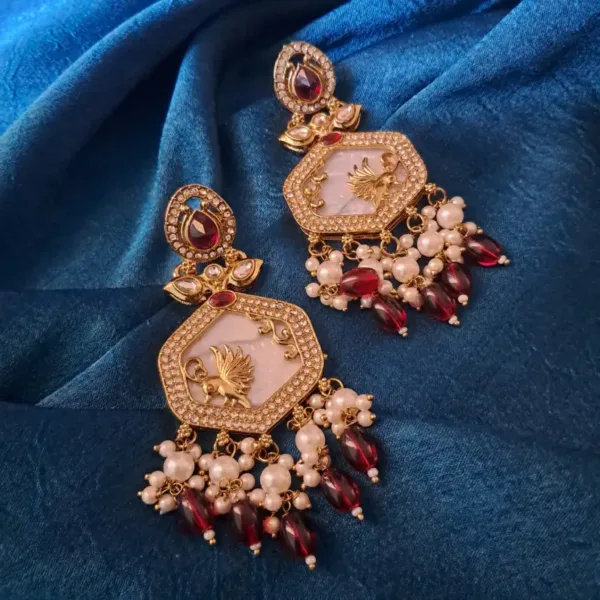 Red American Diamond & Mother of Pearl Earrings – Elegant Party & Wedding Wear