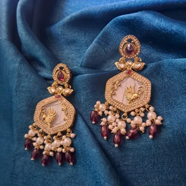 Maroon American Diamond & Mother of Pearl Earrings – Elegant Party & Wedding Wear