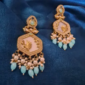 Turquoise American Diamond Earrings with Mother of Pearl & Raindrop Beads