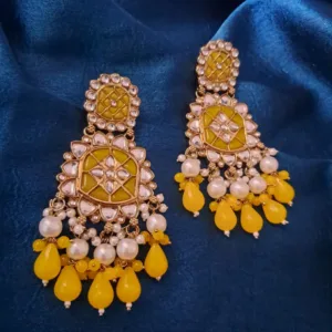 Yellow Kundan Earrings with White & Yellow Raindrop Beads – Party & Wedding Wear