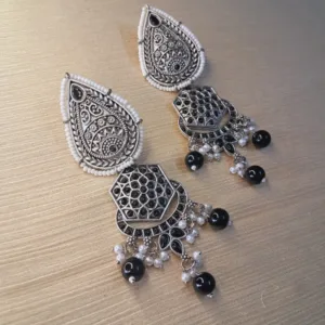 German Silver Antique Earrings with Black Meena, White Beads & Pearl