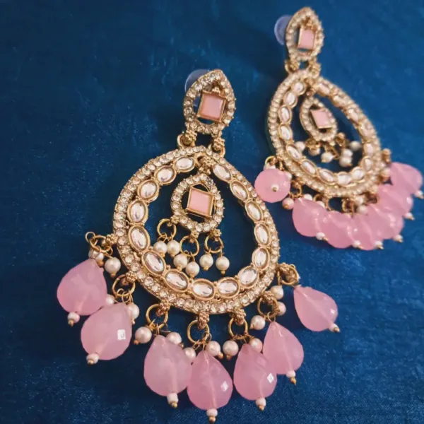 Chandbali Earrings with Kundan American Diamond & Pink Waterdrop Beads