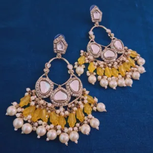 Elegant Kundan and American Diamond Chandbali Earrings with Yellow Beads and White Pearl