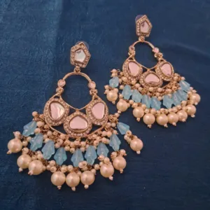 Elegant Kundan & American Diamond Chandbali Earrings with tuequoise sky blue Beads & White Pearls