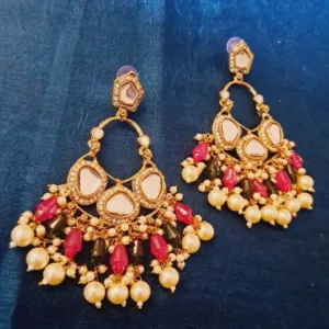 Elegant Kundan & American Diamond Chandbali Earrings with Purple Beads & White Pearl