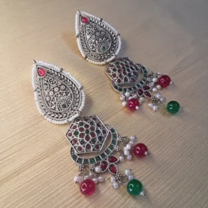 German Silver Antique Earrings with Pink & Green Meena, White Beads & Pearl