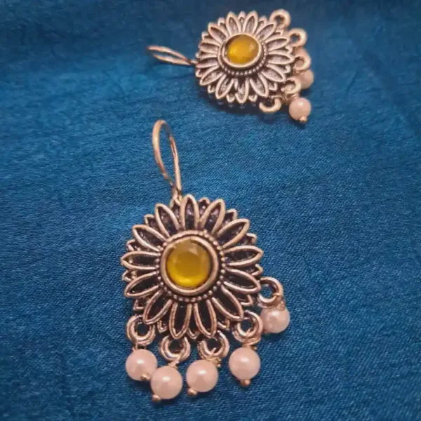 Antioxidized Pearl & Yellow Stud Earrings – Elegant Daily Wear Jewelry