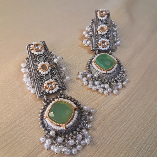 German Silver Dual-Tone Antique Earrings with Emerald & Pearl Drops