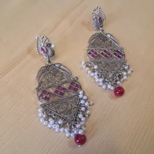 German Silver Antique Earrings with Pink Stone & White Beads – Lightweight & Elegant