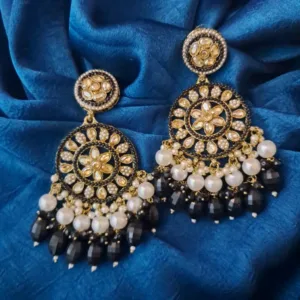 ✨ Royal Kundan & American Diamond Long Earrings with Pearls & Black Beads – Festive & Party Wear