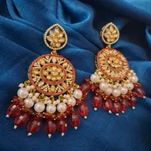 ✨ Royal Kundan & American Diamond Long Earrings with Pearls & red Beads – Festive & Party Wear