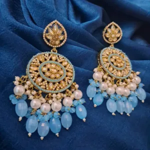 ✨ Royal Kundan & American Diamond Long Earrings with Pearls & Turquoise Beads – Festive & Party Wear
