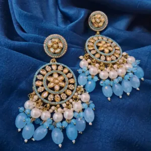 ✨ Royal Kundan & American Diamond Long Earrings with Pearls & Turquoise Beads – Festive & Party Wear