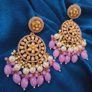 ✨ Long Chandbali Earrings with Pearls & light purple Beads – Festive & Party Wear