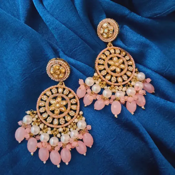 ✨ Long Chandbali Earrings with Pearls & light pink Beads – Festive & Party Wear