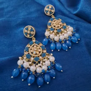 ✨ Long Chandbali Earrings with Pearls & Blue Beads – Festive & Party Wear