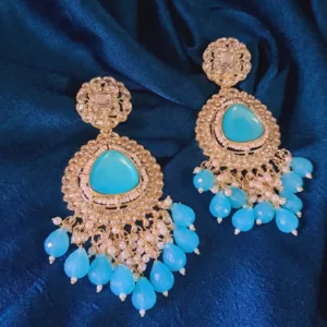 ✨ Royal Kundan Chandbali Earrings with American Diamonds & Turquoise Beads – Festive & Bridal Wear
