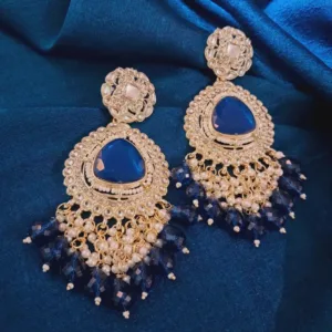 ✨ Royal Kundan Chandbali Earrings with American Diamonds & blue Beads – Festive & Bridal Wear