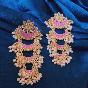 ✨ Royal Pink Meenakari Chandbali Earrings with Pearls & Beads ✨