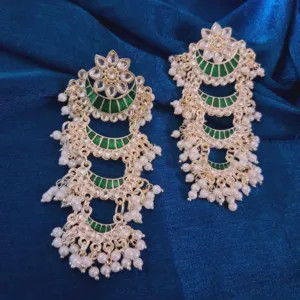 Royal Green Meenakari Kundan Chandbali Earrings with Pearls & Beads – Festive Elegance