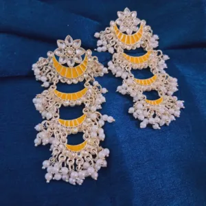 Royal Yellow Meenakari Kundan Chandbali Earrings with Pearls & Beads – Festive Elegance