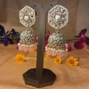 Oxidized German Silver Jhumka with Light Pink Beads for Navratri and Party Wear – Lightweight Earrings