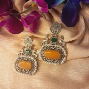 Beautiful oxidized German silver earrings with yellow Monalisa stone and pearl for daily wear, party waer navratri special