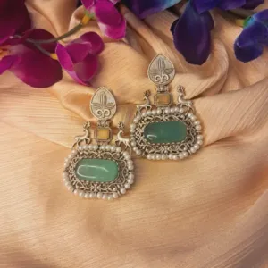 Oxidized German silver earrings with teal Monalisa stone and pearl for Navratri