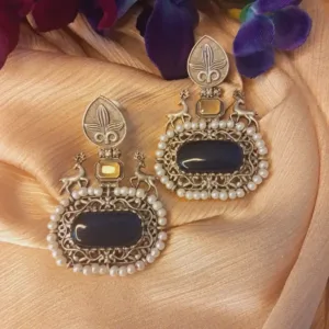 Oxidized German silver earrings with dark blue Monalisa stone and pearl for Navratri