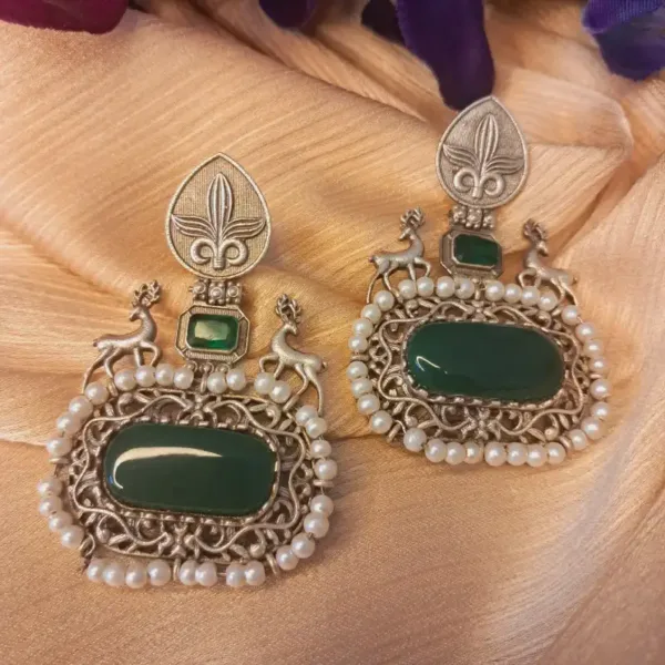 Oxidized German silver earrings with emerald green Monalisa stone and pearl for Navratri