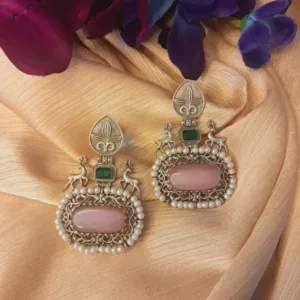 Oxidized German silver earrings with pink Monalisa stone and pearl for Navratri