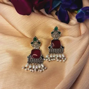 Lightweight oxidized silver earrings with red Monalisa stone and pearl for party and daily wear for Navratri