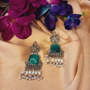 Beautiful oxidized German silver earrings with Monalisa stone and pearl for Navratri outfit Oxidized German silver earrings with Monalisa stone and hanging pearl for Navratri