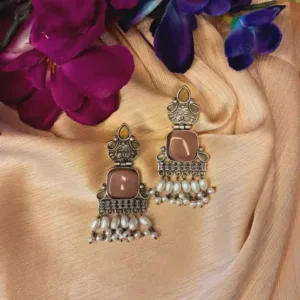 Lightweight oxidized silver earrings with light brown Monalisa stone and pearl drop for party and daily wear Oxidized German silver earrings with light brown Monalisa stone and hanging pearl for Navratri